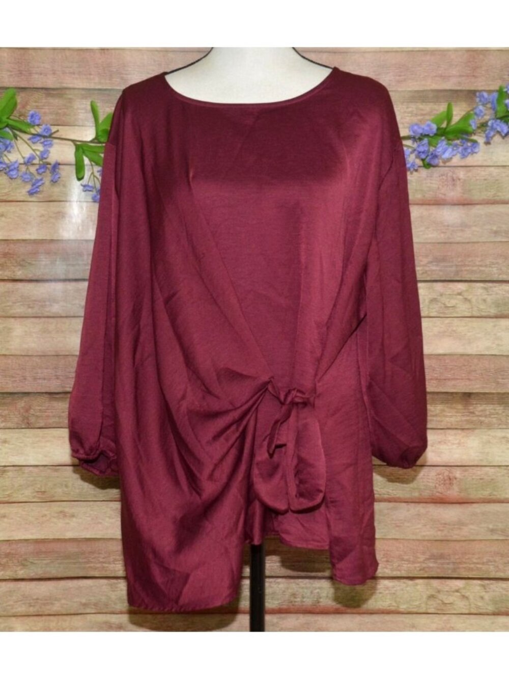 Lane Bryant Plus Size 18W Burgundy Satin Tie Waist Long Sleeve Blouse Tunic Top